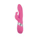 Pink silicone rabbit vibrator with curved shaft and dual motors, featuring a silver accent band and ergonomic design.