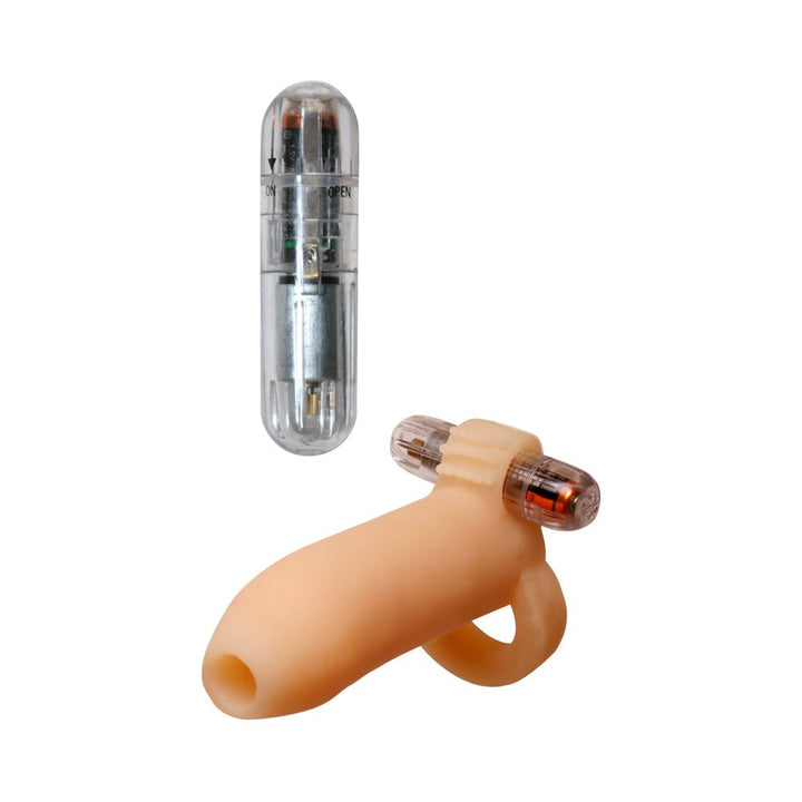 Real Feel Penis Enhancer sleeve with removable clear micro vibrator and supportive ring in flesh tone on white background