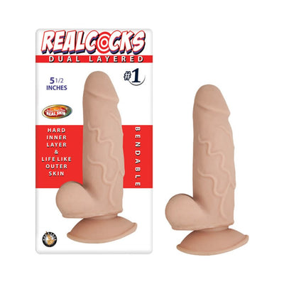 Beige 5.5-inch dual layered dildo with realistic texture and suction cup base shown with packaging.