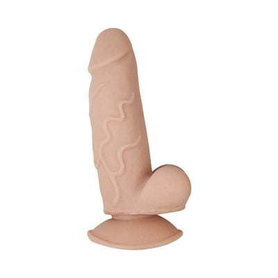Beige dual-layered dildo with realistic veins and suction cup base for hands-free use.