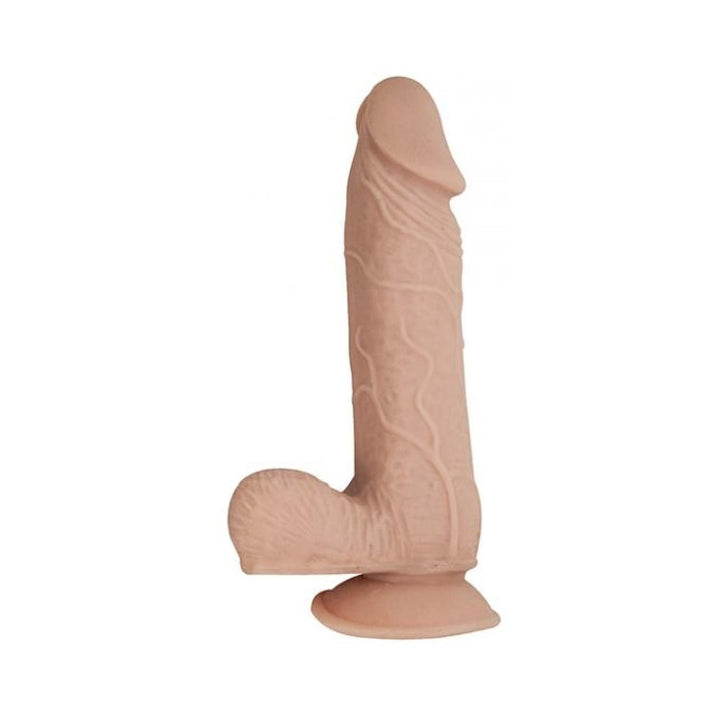Beige 7-inch dual layered dildo with realistic veined texture and suction cup base for hands-free use.