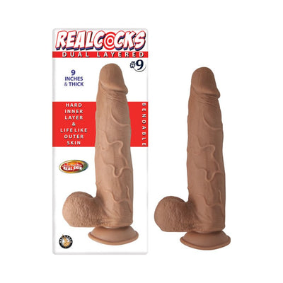Realistic 9-inch dual layered dildo with textured veins and suction base, designed for lifelike feel and bendable use.