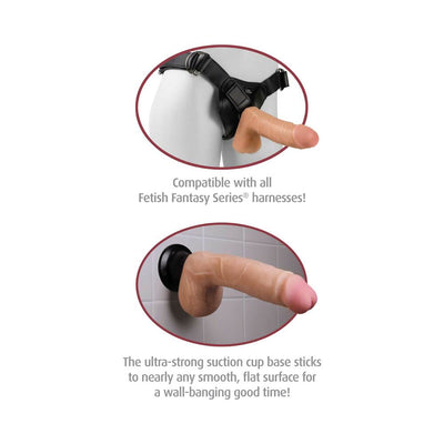 Realistic flesh-tone vibrator shown attached to a harness and mounted on a tiled wall with suction cup base.