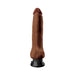 Realistic 10-inch brown vibrator with textured head and suction cup base for hands-free use.
