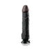 Realistic black vibrating dildo with pronounced head, textured veins, and suction cup base on white background.