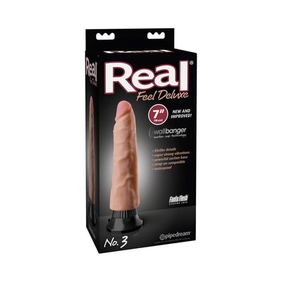 Packaging of Real Feel Deluxe No 3 7-inch beige vibrator with suction cup base and lifelike design details.