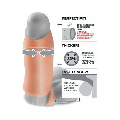 Beige Real Feel Enhancer XL sleeve showing trim-to-fit tip, 33% thickness increase, and ball strap for prolonged endurance.
