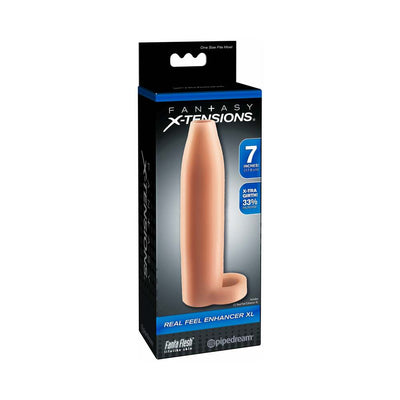 Beige Real Feel Enhancer XL extension sleeve packaging with product image and size details on black background.