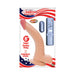 Realistic 8-inch flexible curved dong with suction base and remote control, packaged with patriotic design.