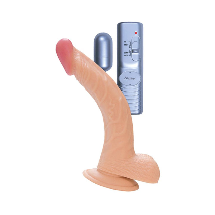 Realistic curved 8-inch flesh-toned dong with suction base and remote-controlled vibrating bullet.