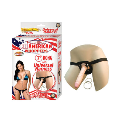 7-inch realistic flesh-tone dong with adjustable black universal strap-on harness displayed on mannequin hips with packaging box.