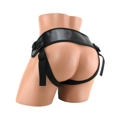 Black adjustable universal strap-on harness displayed on a mannequin torso from the back.