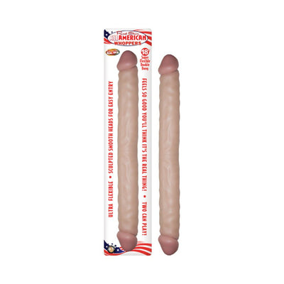 18-inch flexible double-ended adult toy with realistic skin texture in light tone, shown with packaging.