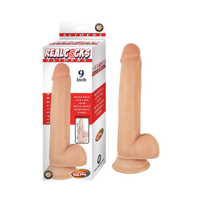 Realcocks Sliders 9-inch bendable realistic dildo with suction cup base and lifelike skin texture in flesh color.