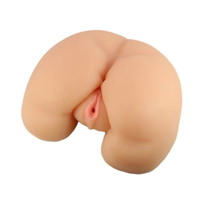 Life-sized realistic vibrating masturbator in natural skin tone with dual entry design.