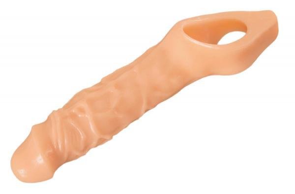 Beige stretchy penis enhancer with textured shaft and attached ring for secure fit and added girth.