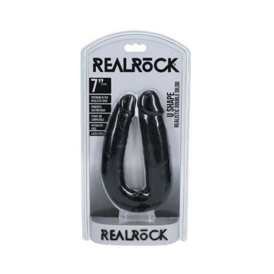 Realrock 7-inch black U-shaped double dildo in clear retail packaging with product details visible.