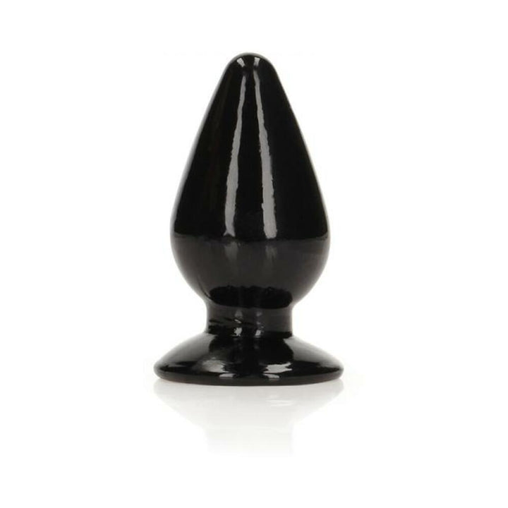 Glossy black 3.5-inch tapered anal plug with wide suction base for hands-free use.