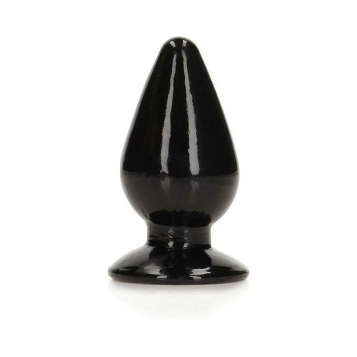 Black glossy 4.5-inch tapered anal plug with a wide suction cup base for hands-free use.