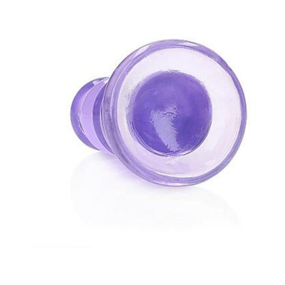 Purple crystal clear curvy 5.5-inch dildo with suction cup base for hands-free use and harness compatibility.