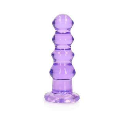 Purple crystal clear curvy 5.5-inch dildo with suction cup base for versatile use.
