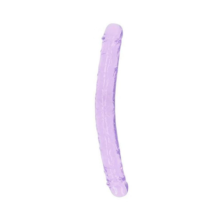 Clear lavender double-ended dildo with realistic texture and flexible design.