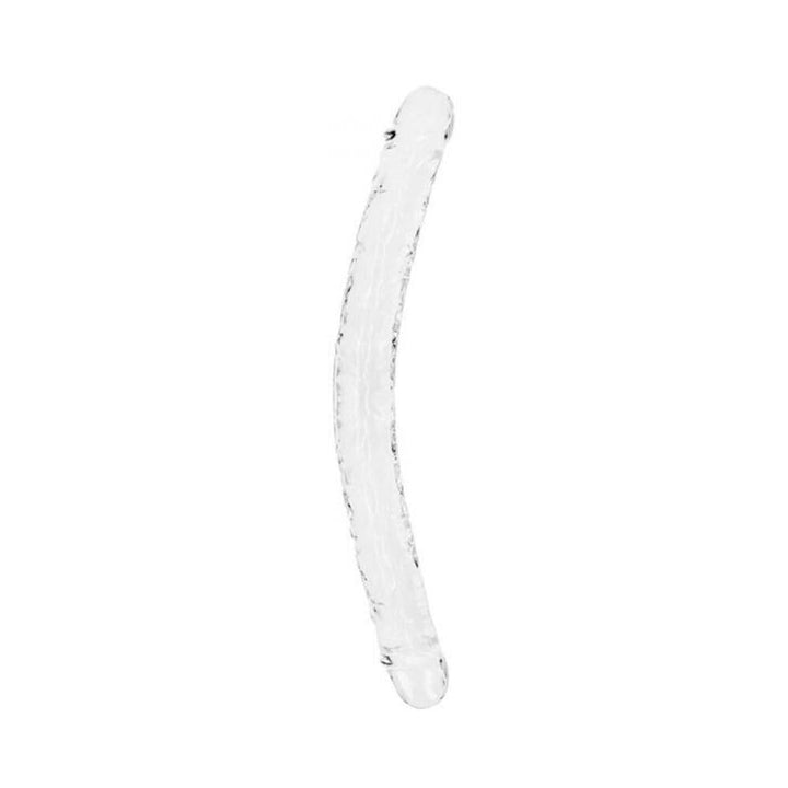 Crystal clear flexible double-ended dildo with textured surface and curved design.