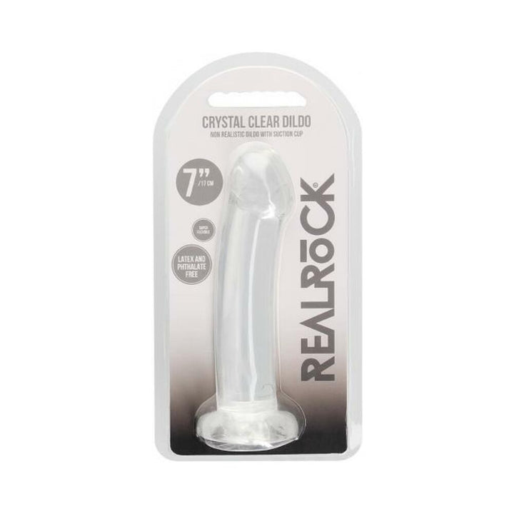 Realrock crystal clear non-realistic dildo with suction cup in transparent packaging, 7 inches long.