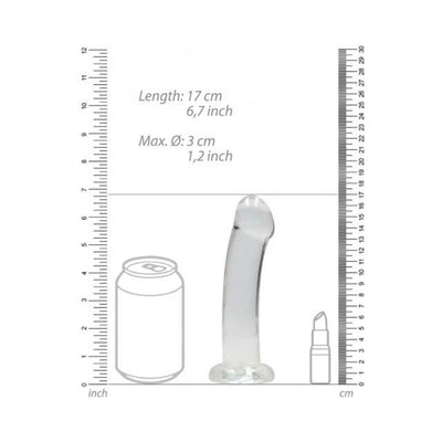 Clear curved dildo with suction cup base shown next to ruler, soda can, and lipstick for size comparison.