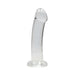 Crystal clear curved dildo with suction cup base for hands-free use, made from smooth, body-safe material.