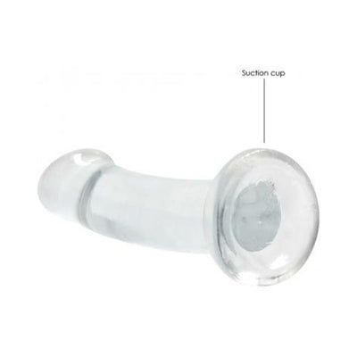 Crystal clear non-realistic dildo with suction cup base for hands-free use, 6.7 inches long.