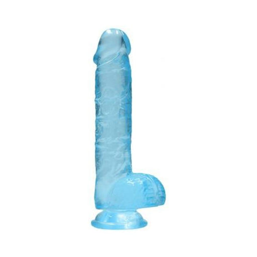 Blue crystal clear realistic dildo with suction base and detailed texture.
