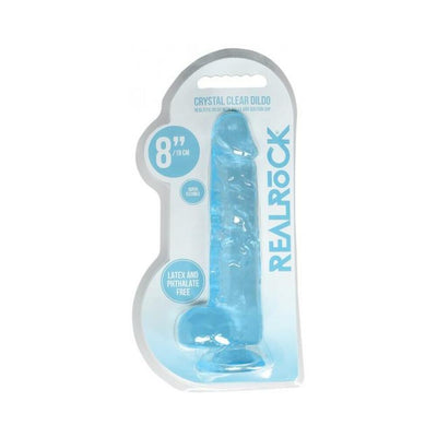 Blue crystal clear realistic dildo with suction cup in transparent packaging labeled Realrock, 8 inches long, latex and phthalate free.