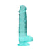 Turquoise crystal clear realistic dildo with suction cup base and detailed texture.