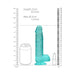 Turquoise crystal clear realistic dildo with suction base, shown with size comparison to a soda can and lipstick.