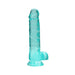 Turquoise crystal clear realistic dildo with suction cup base and detailed texture.