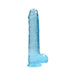 Blue crystal clear realistic dildo with balls and suction base, 9 inches tall.