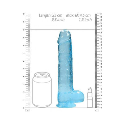 Blue crystal clear realistic dildo with balls, shown with size comparison to a soda can and lipstick, measuring 25 cm length.