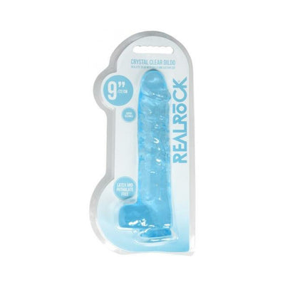 Blue crystal clear realistic dildo with balls in transparent packaging, 9 inches, latex and phthalate free.