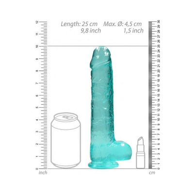 Turquoise realistic dildo with balls, 9.8 inches long, shown with size comparison to soda can and lipstick.
