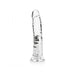 Clear slim 9-inch dildo with realistic texture and suction cup base for hands-free use and harness compatibility.