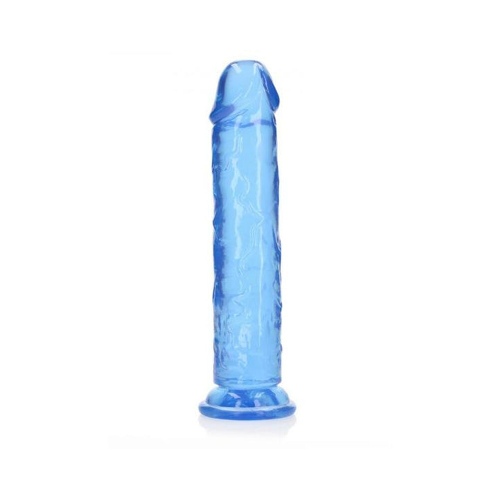 Blue crystal clear straight dildo with suction cup base, 10 inches long, phthalate-free and body-safe.