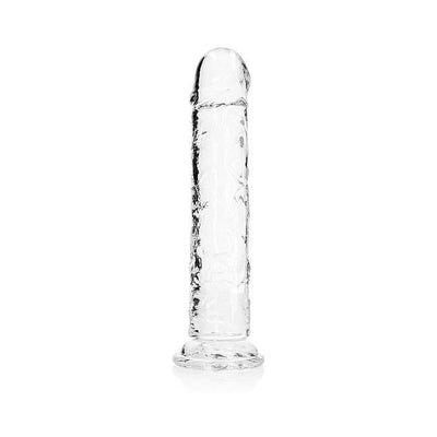 Clear 11-inch straight dildo with suction cup base, realistic texture, and smooth crystal-clear design.