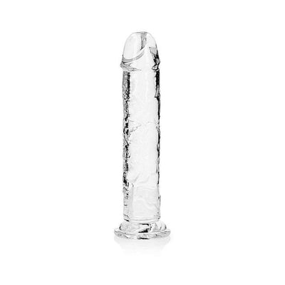 Clear crystal straight dildo with suction cup base, 11 inches insertable length, phthalate-free and body-safe material.