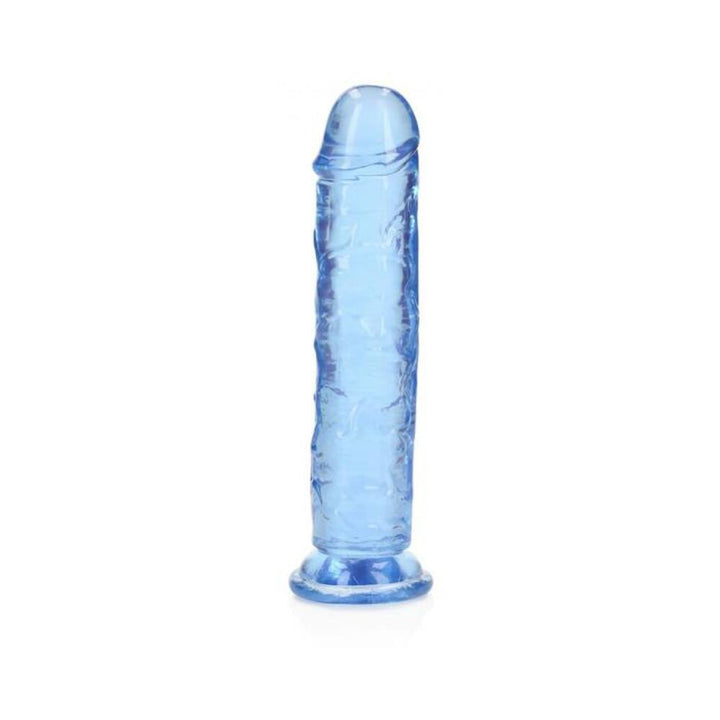 Blue crystal clear 7-inch straight dildo with suction cup base, textured for realistic feel.