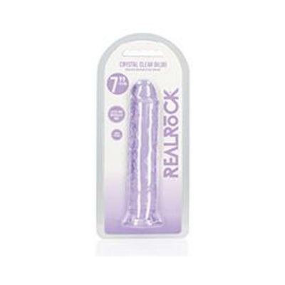 Purple crystal clear 7-inch straight dildo without balls in clear packaging with Realrock branding.