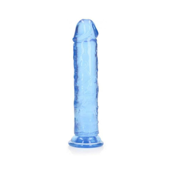 Blue crystal clear straight dildo with suction base, 8 inches long, phthalate-free and body-safe material.