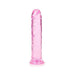 Crystal clear pink 8-inch straight dildo with suction cup base, phthalate-free and body-safe material.
