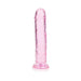 Pink crystal clear straight dildo with suction cup base, 8 inches long, smooth and detailed texture.