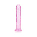 Crystal clear pink 8-inch straight dildo with suction cup base, smooth and textured design for versatile use.